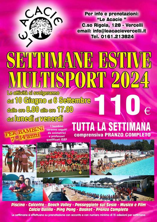 Poster rosa e gialla per “Settimane Estive Multisport 2024”, con foto di sport, date e prezzi.