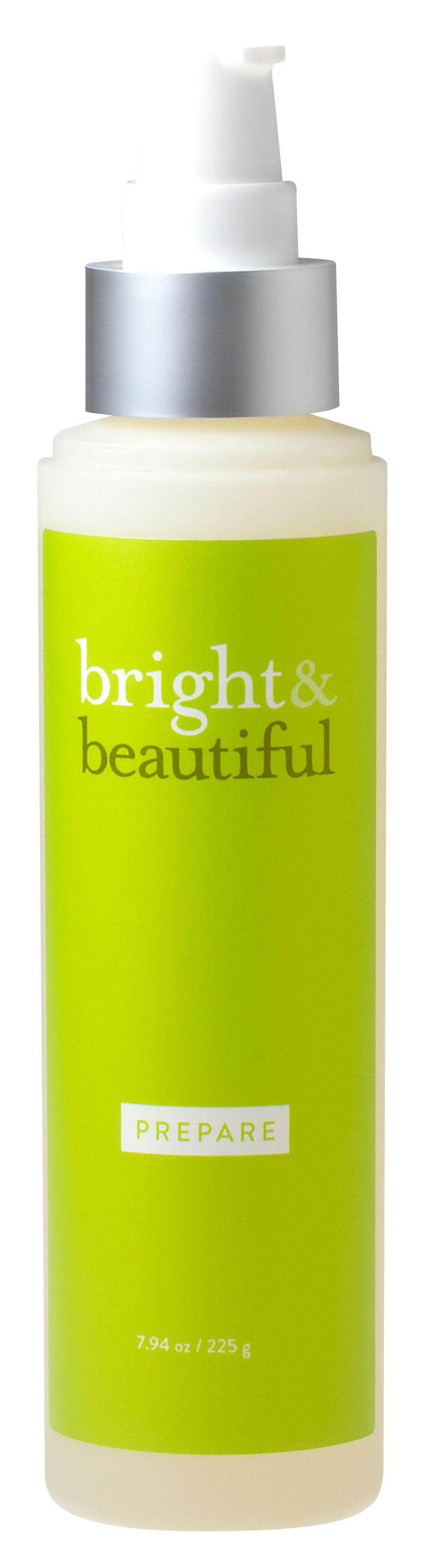 A bottle of bright & beautiful lotion with a white pump on a white background.