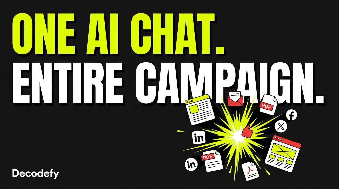 Decodefy AI thumbnail image showin one AI chat and a full campaign with icons for email and linkedin