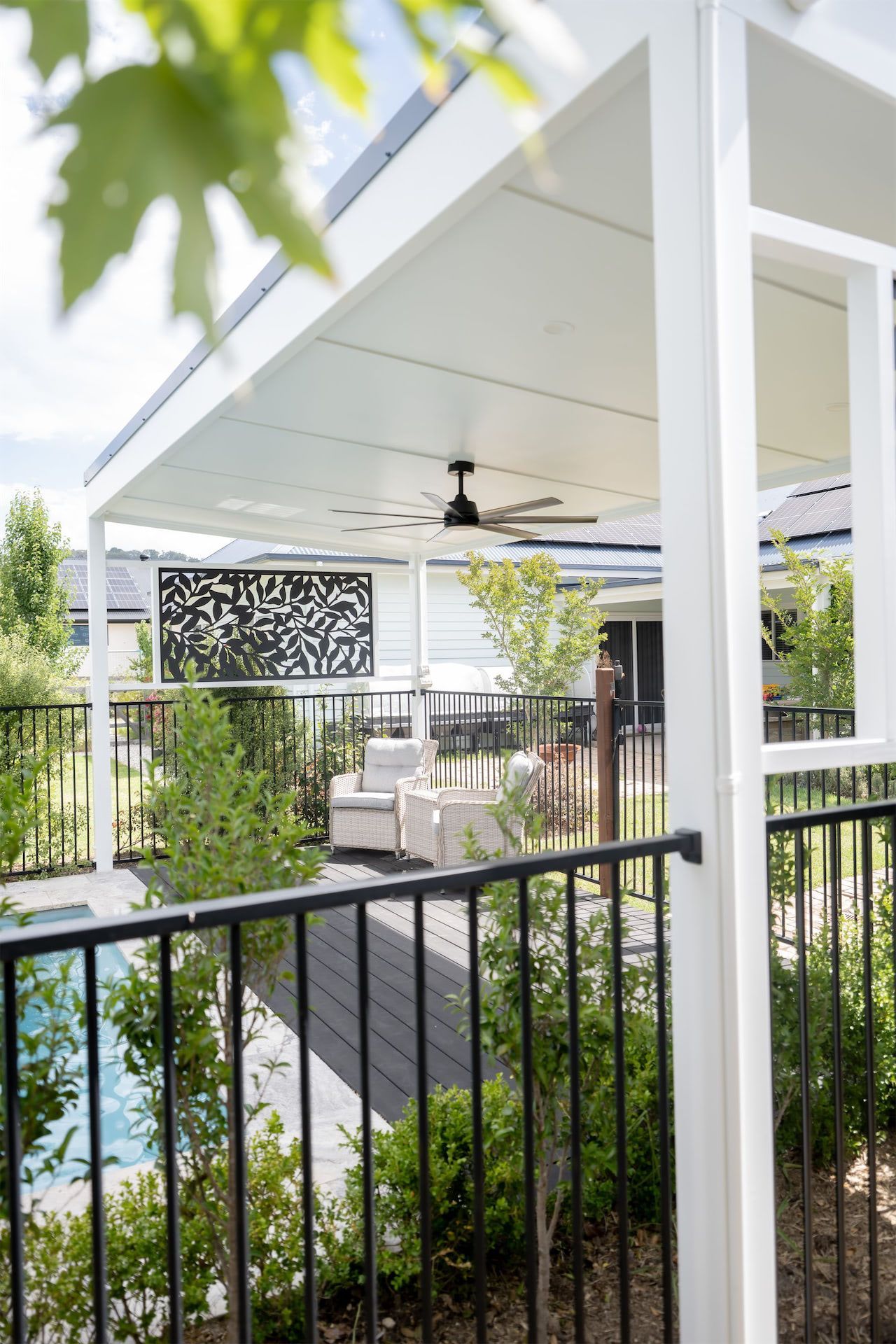 Modern Patio With White Pergola, Ceiling Fans — Prime Built in Bowral, NSW