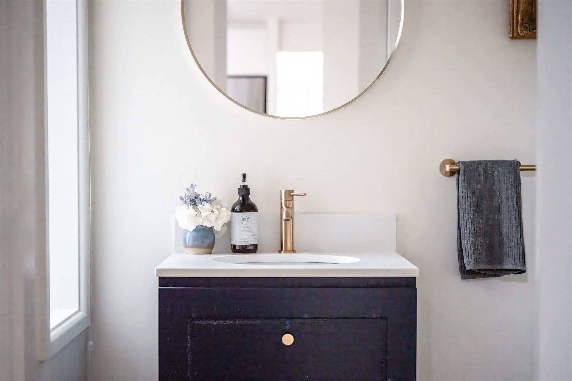 Small Bathroom Vanity With Round Mirror, White Sink — Prime Built in Bowral, NSW