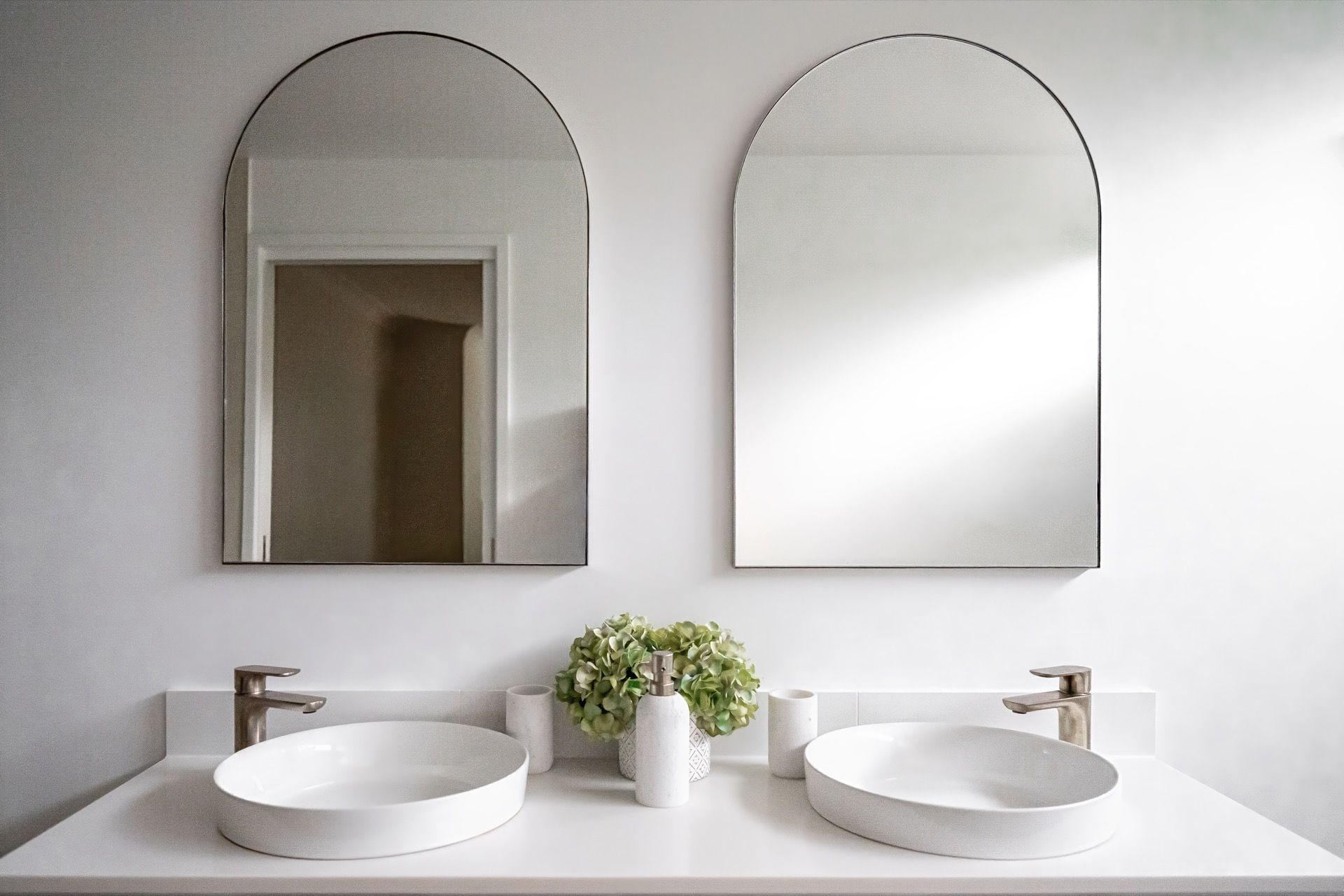 Minimalist Bathroom Vanity With Two Oval Sinks, Arched Mirrors — Prime Built in Bowral, NSW