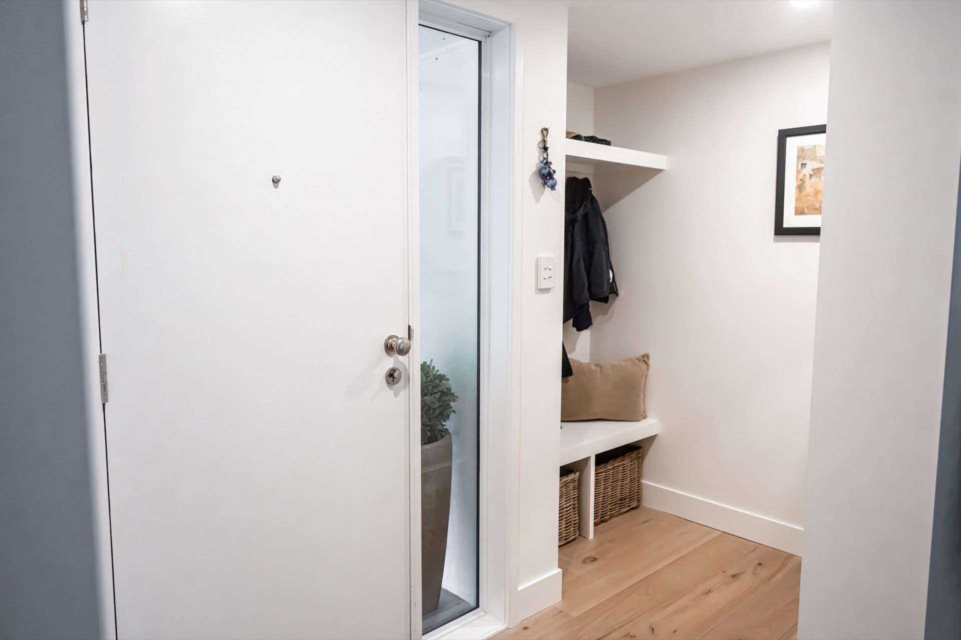 Small Entryway With White Walls, Wood Floor — Prime Built in Bowral, NSW