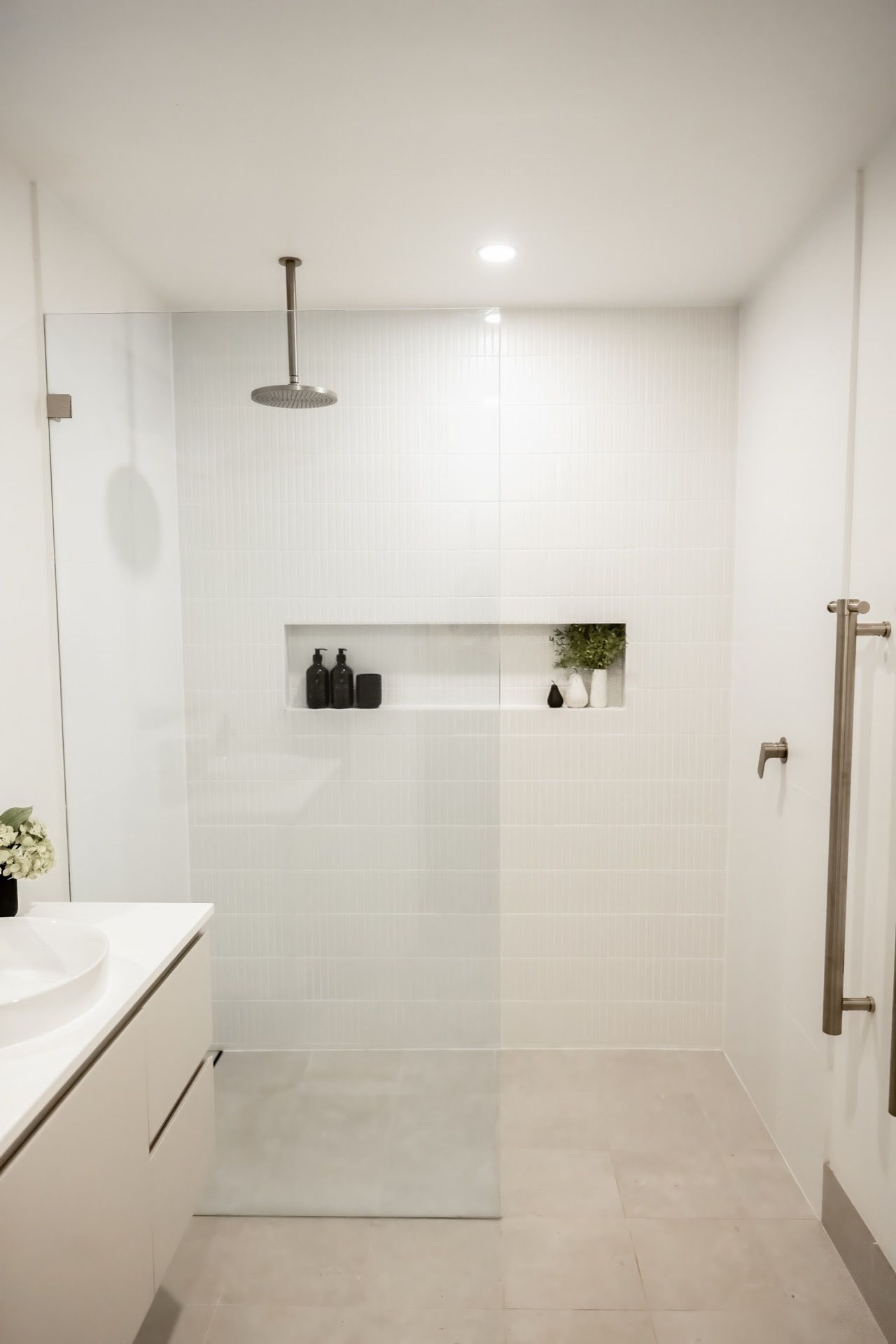 Minimalist White Bathroom With Walk-in Shower, Glass Partition — Prime Built in Bowral, NSW
