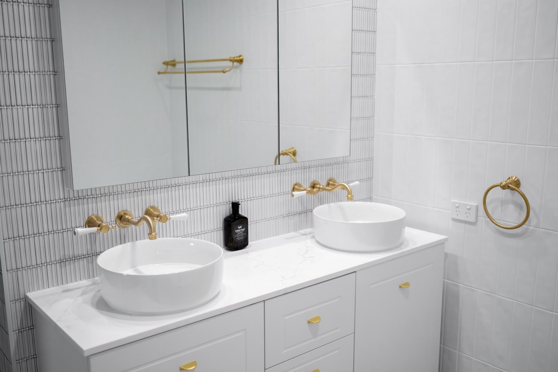 Modern White Bathroom With Double Sinks, Gold Fixtures — Prime Built in Bowral, NSW