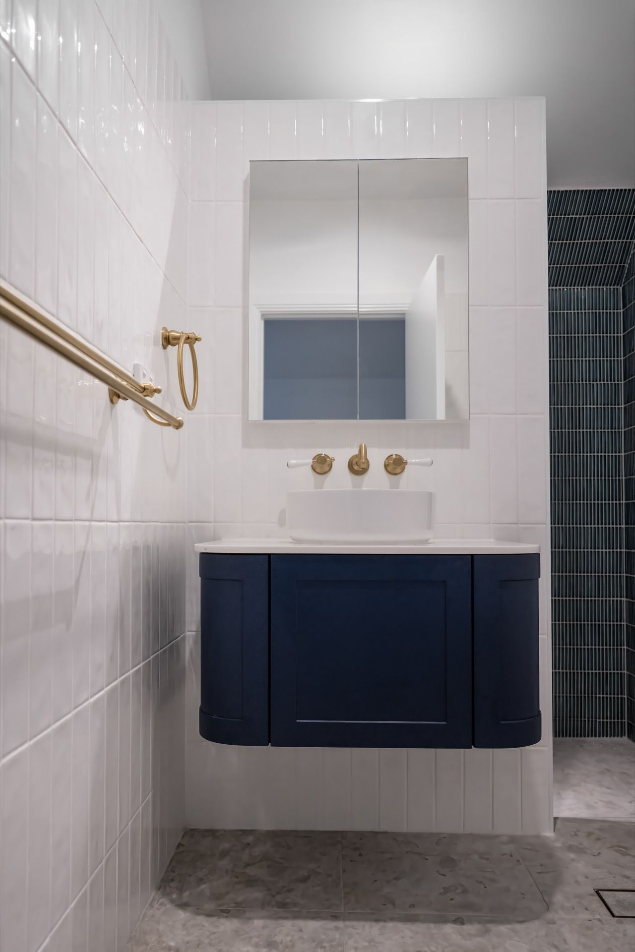 Small Bathroom With White Tile, Round Sink, and Mirror — Prime Built in Bowral, NSW