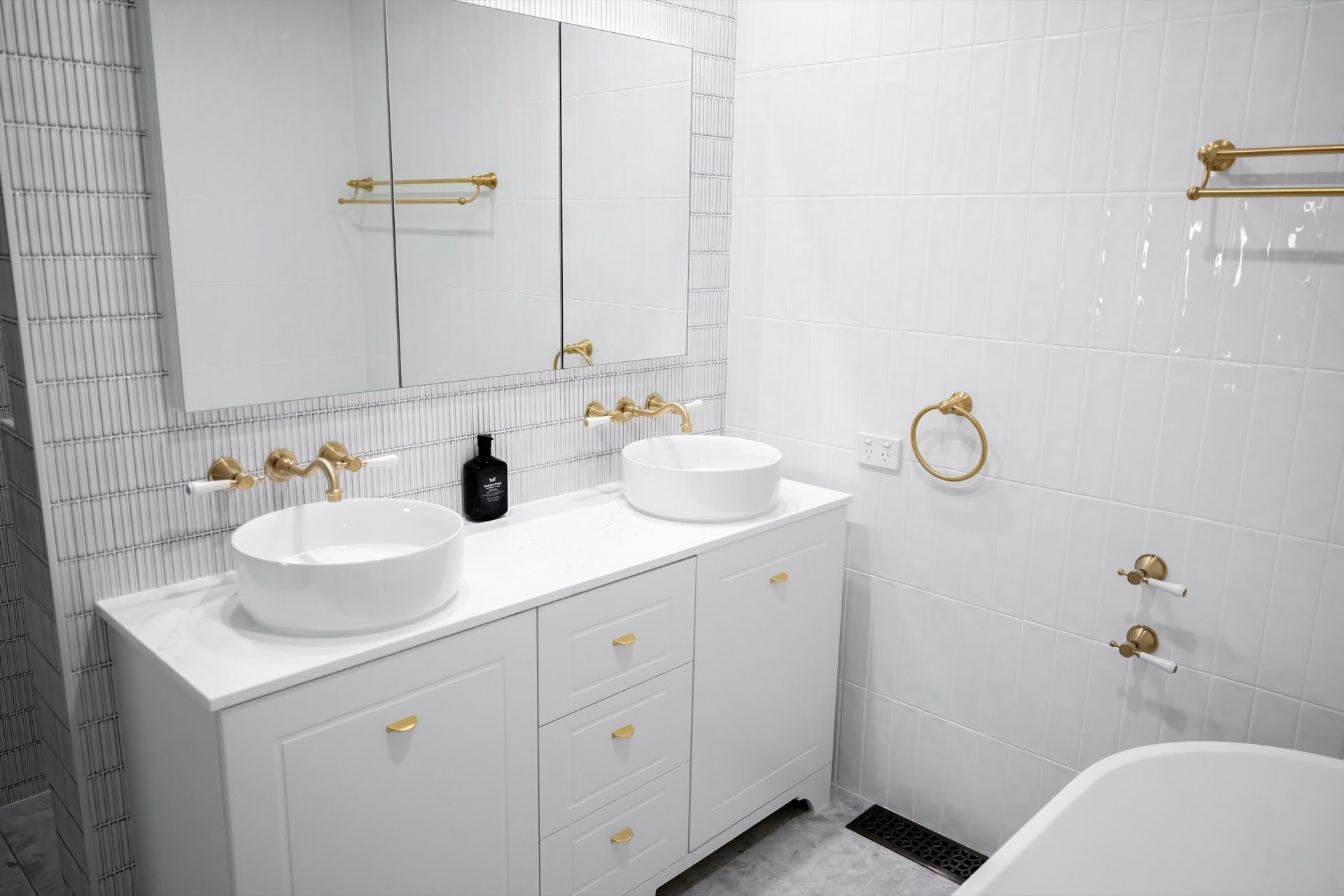 Bright White Bathroom With Dual Vessel Sinks — Prime Built in Bowral, NSW