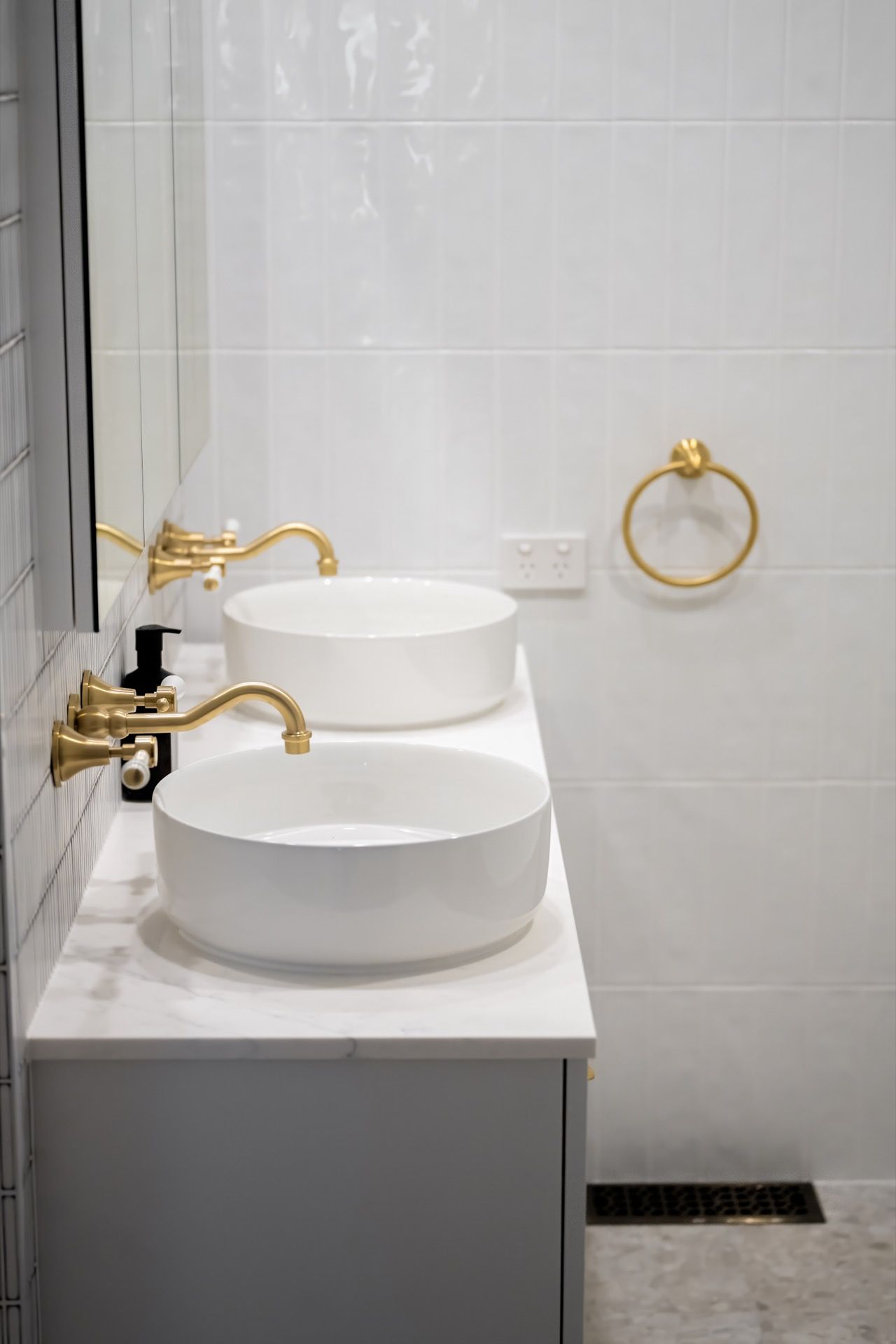 Modern White Bathroom Vanity With Gold Faucet — Prime Built in Bowral, NSW