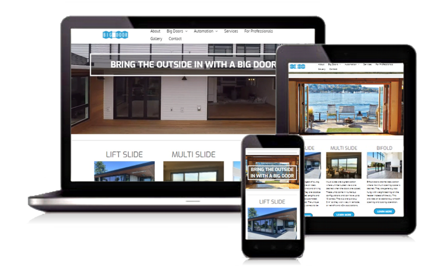 Responsive website displayed on laptop, tablet, and phone screens