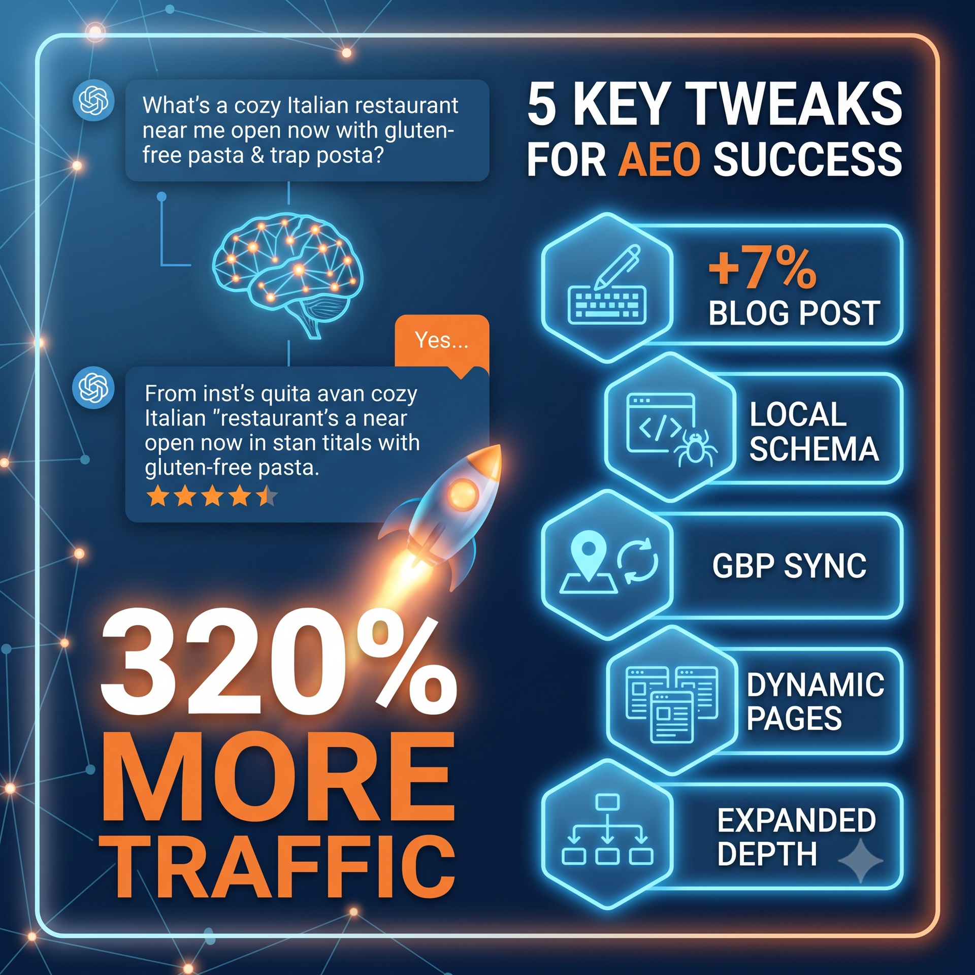 Infographic on AEO success with blue/orange tech icons, listing 5 tweaks and “320% more traffic.”
