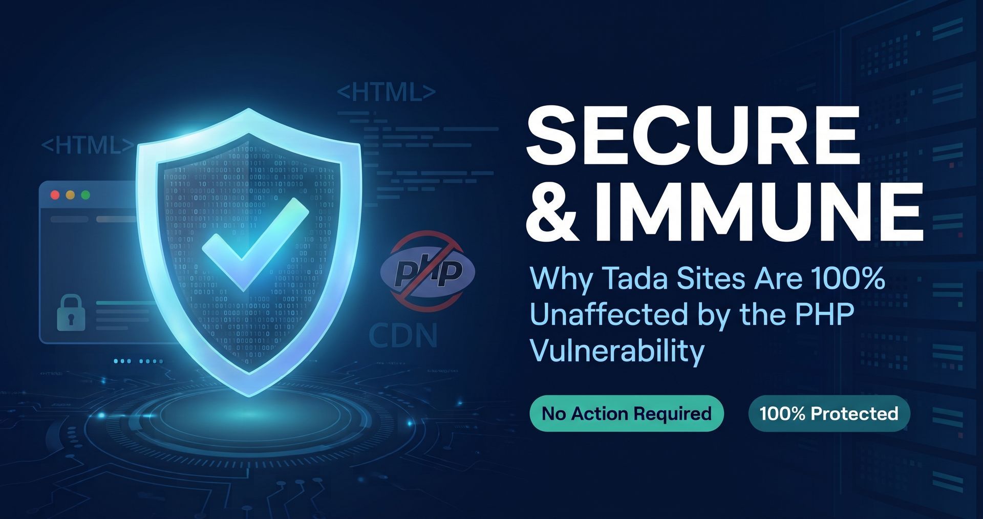 Blue shield on dark digital background with “Secure & Immune” text and website security badges for Tada
