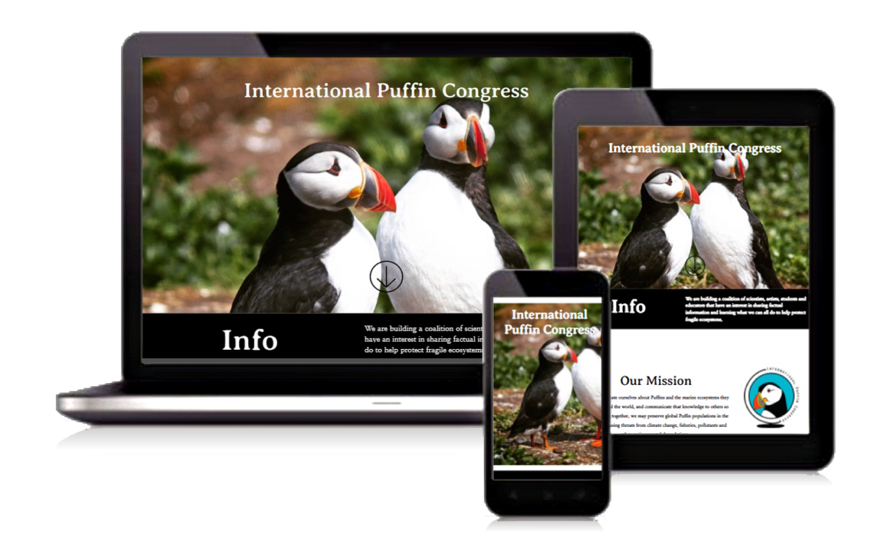 Website mockup for International Puffin Congress on laptop, tablet, and phone screens