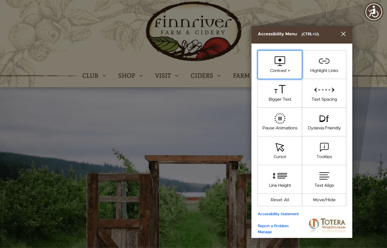 Website for Finnriver Cidery with an accessibility menu open over a farm landscape background