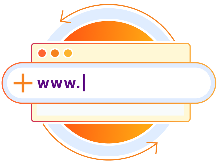 Domain field in a browser window with orange arrows circling a purple “www.” web address bar icon