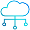Blue outlined cloud with three connected nodes below, representing cloud computing/networking.
