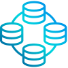 Blue database cloud icon with four connected cylinder nodes
