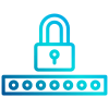 Turquoise padlock icon over a conveyor belt with circular nodes, symbolizing security or protection