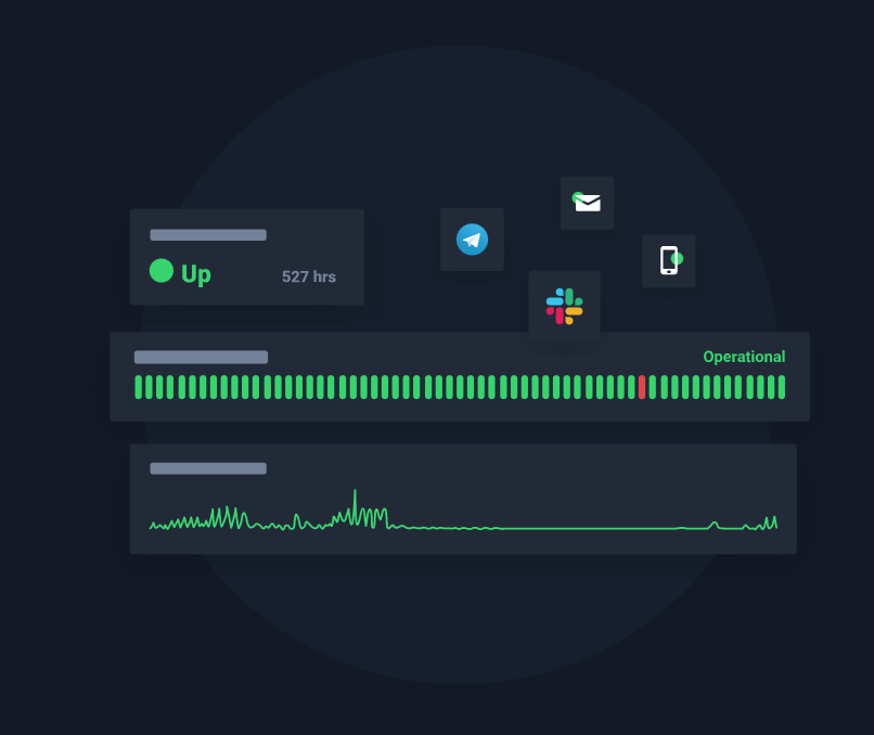 Dark dashboard with status bars, app icons, and green activity graphs indicating operational status