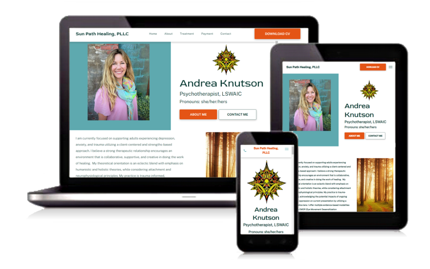 Responsive website shown on laptop, tablet, and phone with a profile page and autumn-themed logo