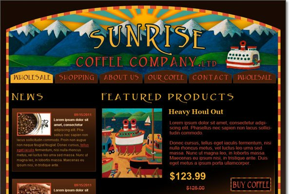 Sunrise Coffee Company website homepage with coffee product promo and menu navigation