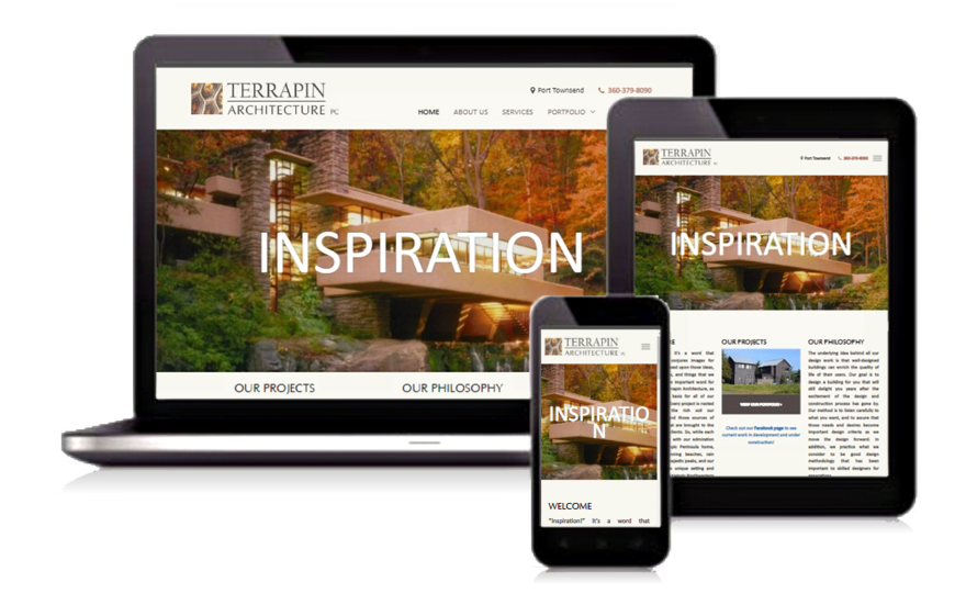 Responsive website shown on laptop, tablet, and smartphone screens with “INSPIRATION” headline