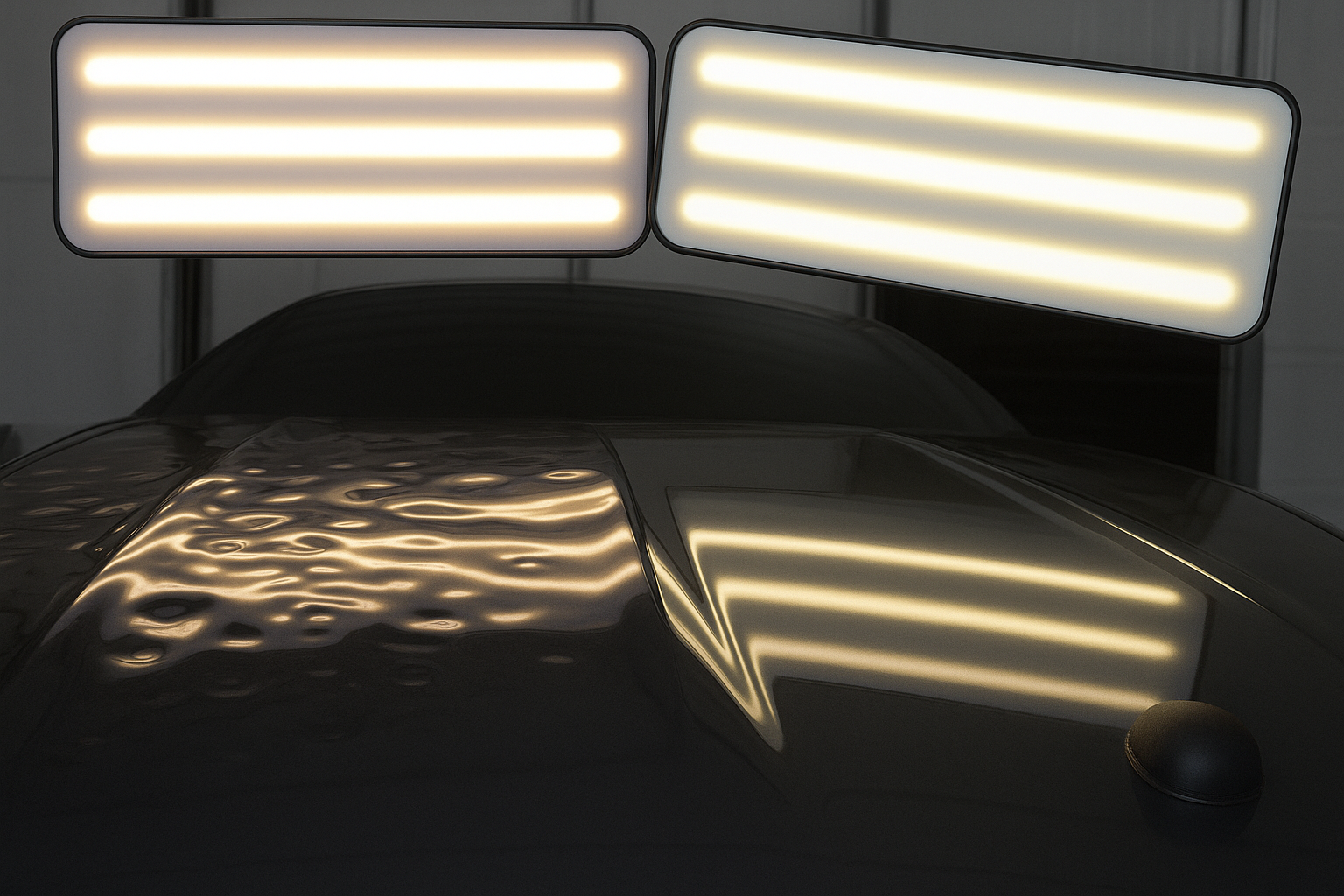 Car hood reflecting light panels, highlighting dents.