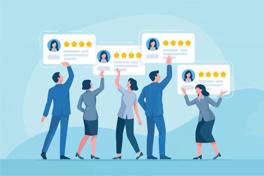People holding up reviews with star ratings.