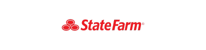 State Farm logo: Red graphic of three overlapping hexagons, to the left of