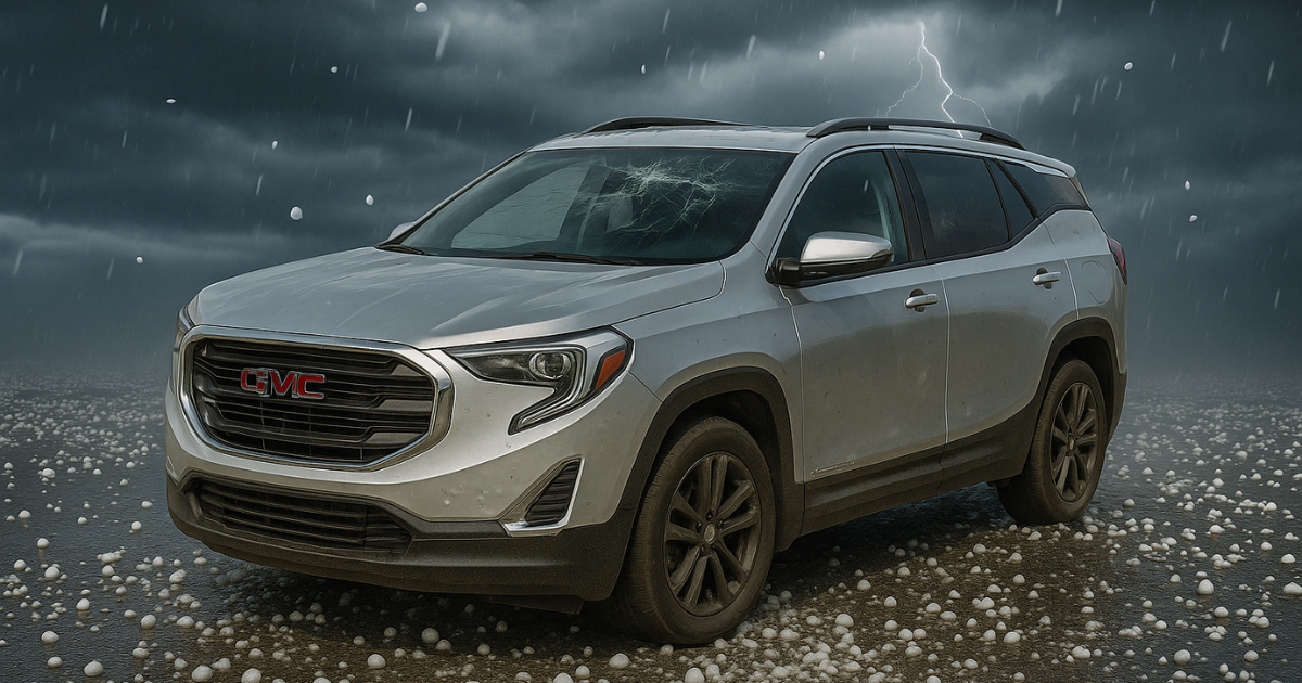 Silver GMC Terrain SUV in a hailstorm with lightning flashing in the sky.