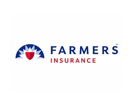 Farmers Insurance logo: blue and red shield icon with company name in blue and red text.