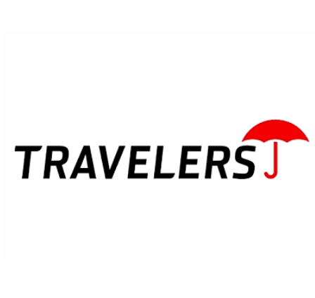 Travelers logo with black text and a red umbrella symbol.