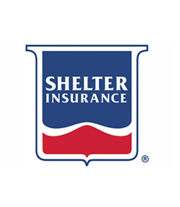 Shelter Insurance logo: Blue shield with white text, red bottom.