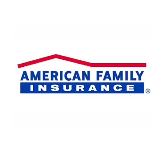 American Family Insurance logo, blue rectangle with white text under a red roof outline.