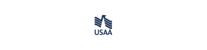 USAA logo with blue stylized flags and the word