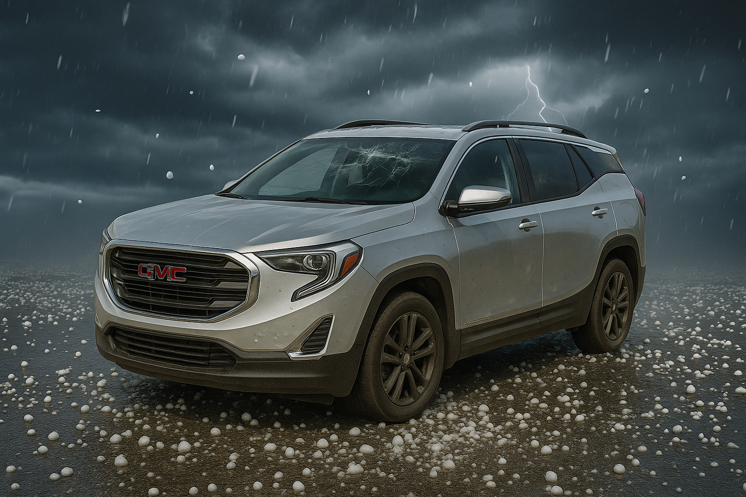 Silver GMC Terrain SUV in a storm, rain and hail on the road, lightning in sky.