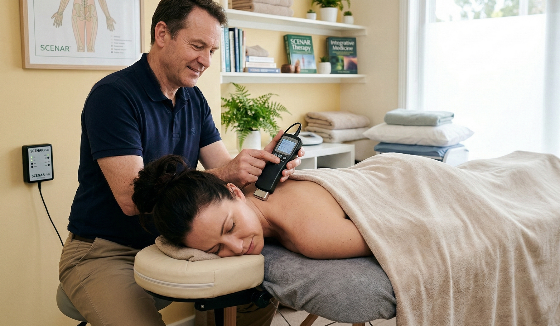 Person receiving leg massage in a spa setting. Practitioner's hands on the foot and leg.