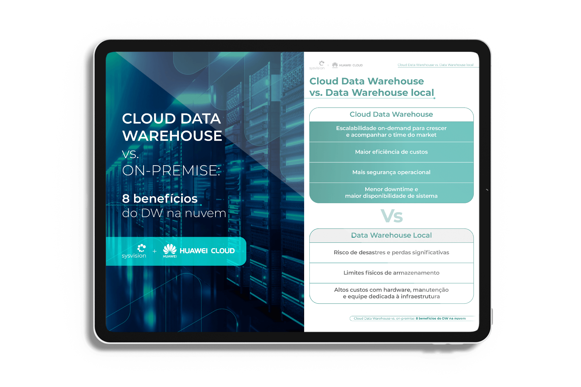 Um tablet com um anúncio de data warehouse na nuvem.
