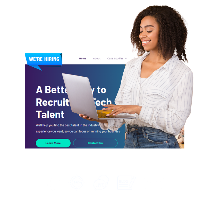 A woman is holding a laptop computer in front of a we 're hiring advertisement.