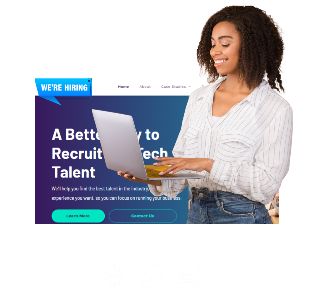 A woman is holding a laptop in front of a website that says we are hiring