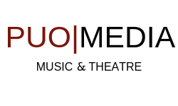 A logo for puo media music and theatre on a white background.