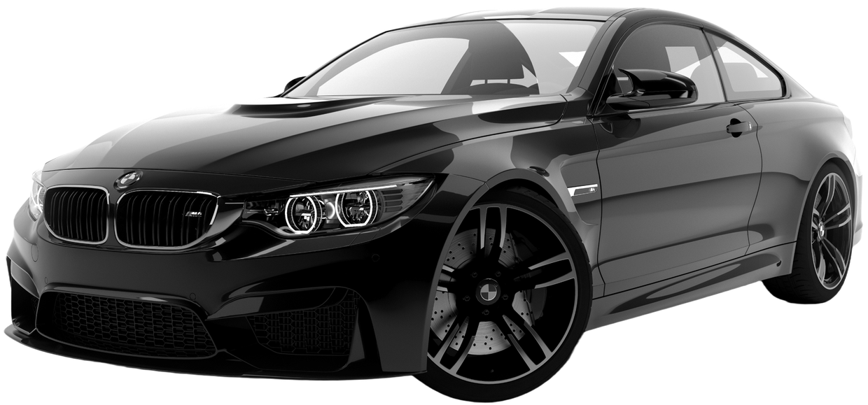 Black BMW coupe with sporty rims, angled side view on a white background