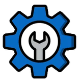 Blue gear icon with a gray wrench inside a white circle