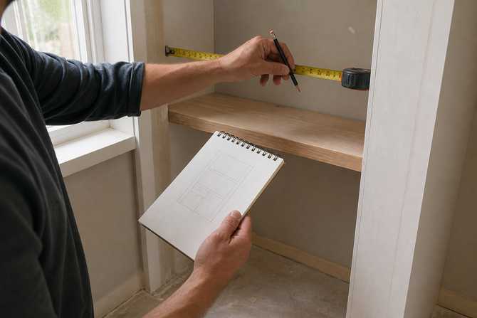 Man kneeling on a floor installing dark panels with tools and hardware nearby