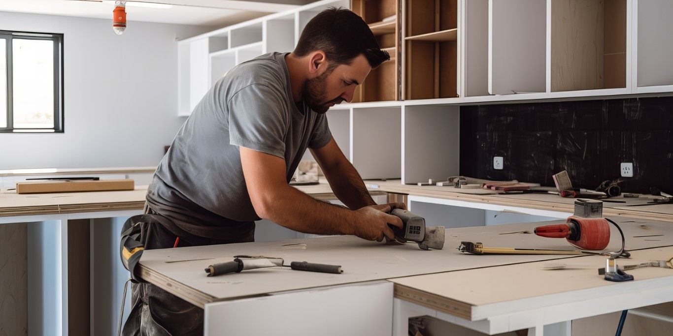 Man working in a kitchen, measuring and cutting a countertop during a remodel.