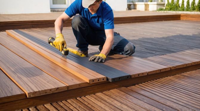 Worker installing wooden deck boards with a yellow power tool on an outdoor patio.