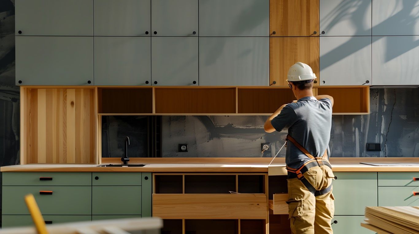Person in a hard hat installing cabinets in a modern kitchen under construction