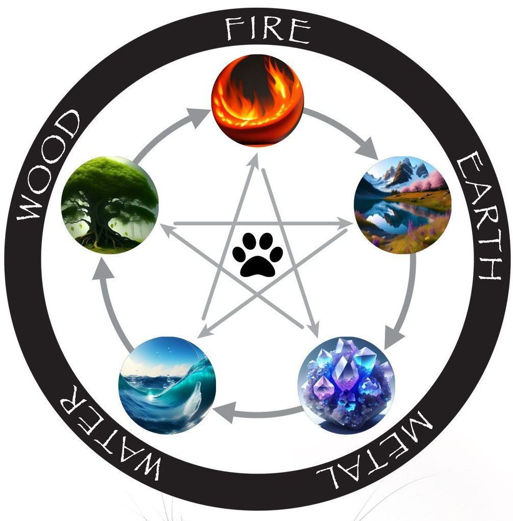 Five elements cycle with a paw print in the center: Wood, Fire, Earth, Metal, and Water.