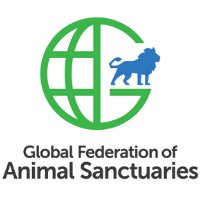 Logo for Global Federation of Animal Sanctuaries: green globe with blue lion silhouette.