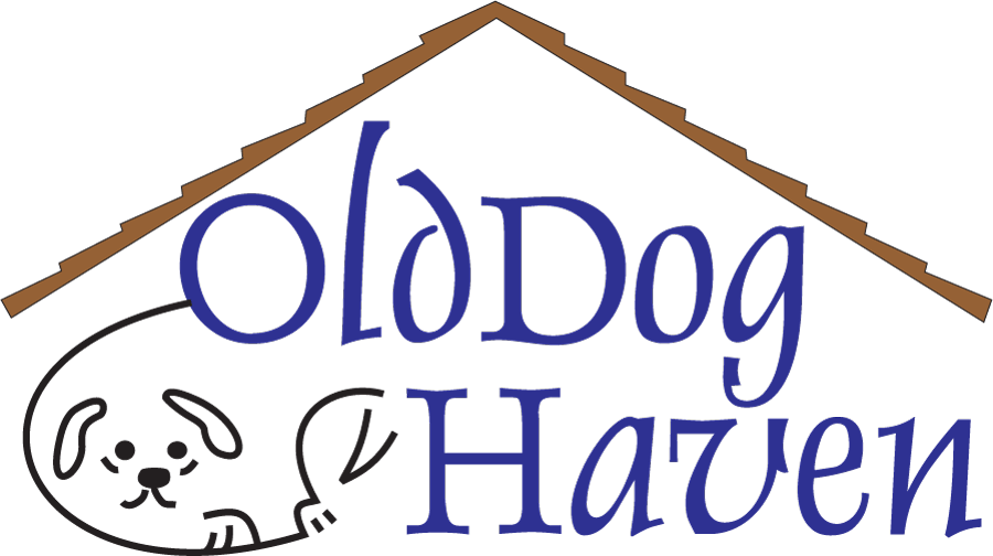 Logo for Old Dog Haven: Blue text under a brown roof, with a dog illustration peeking from the left.