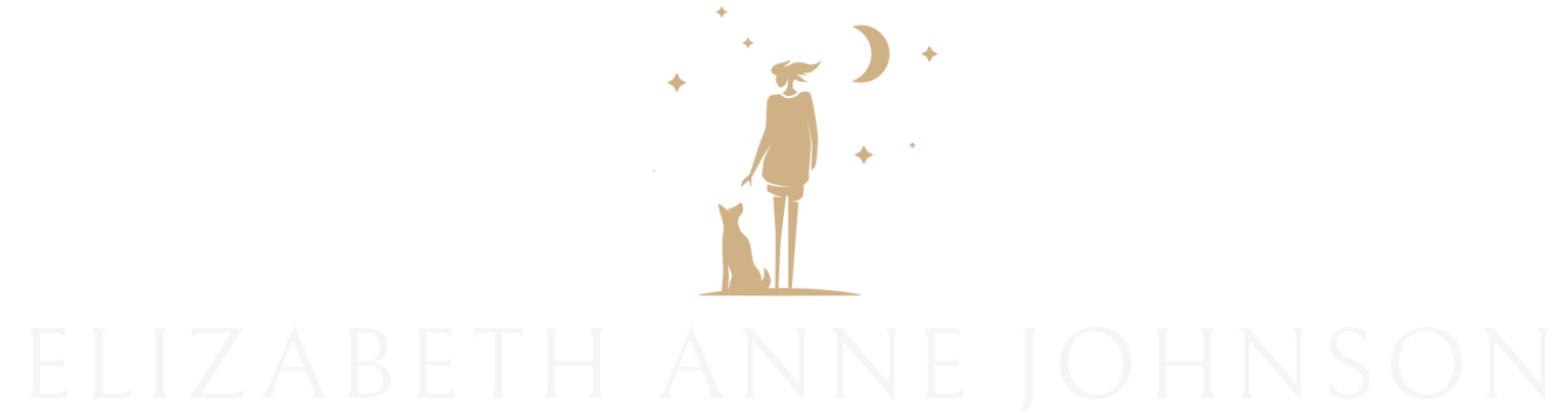 Silhouette of person, cat, moon, and stars in gold, with text 